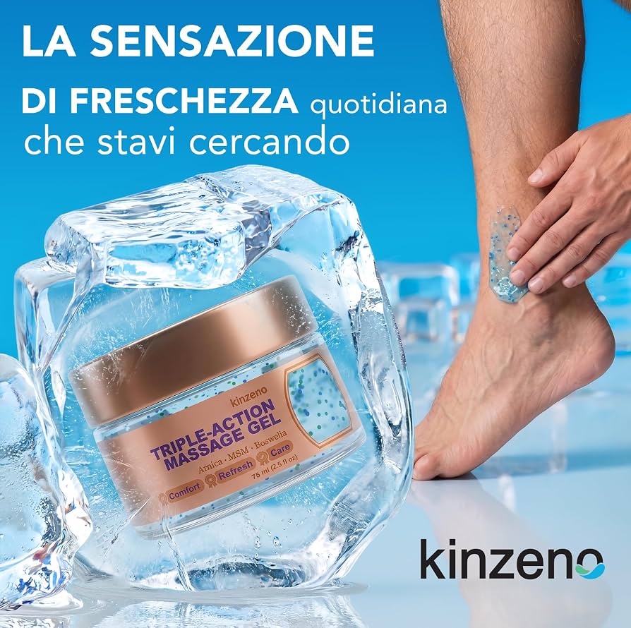 Kinzeno massage gel jar in an ice-themed cooling product campaign image